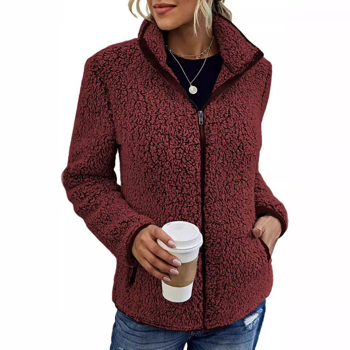 Stand up collar solid color top hoodie women's casual fashion long sleeved zipper jacket