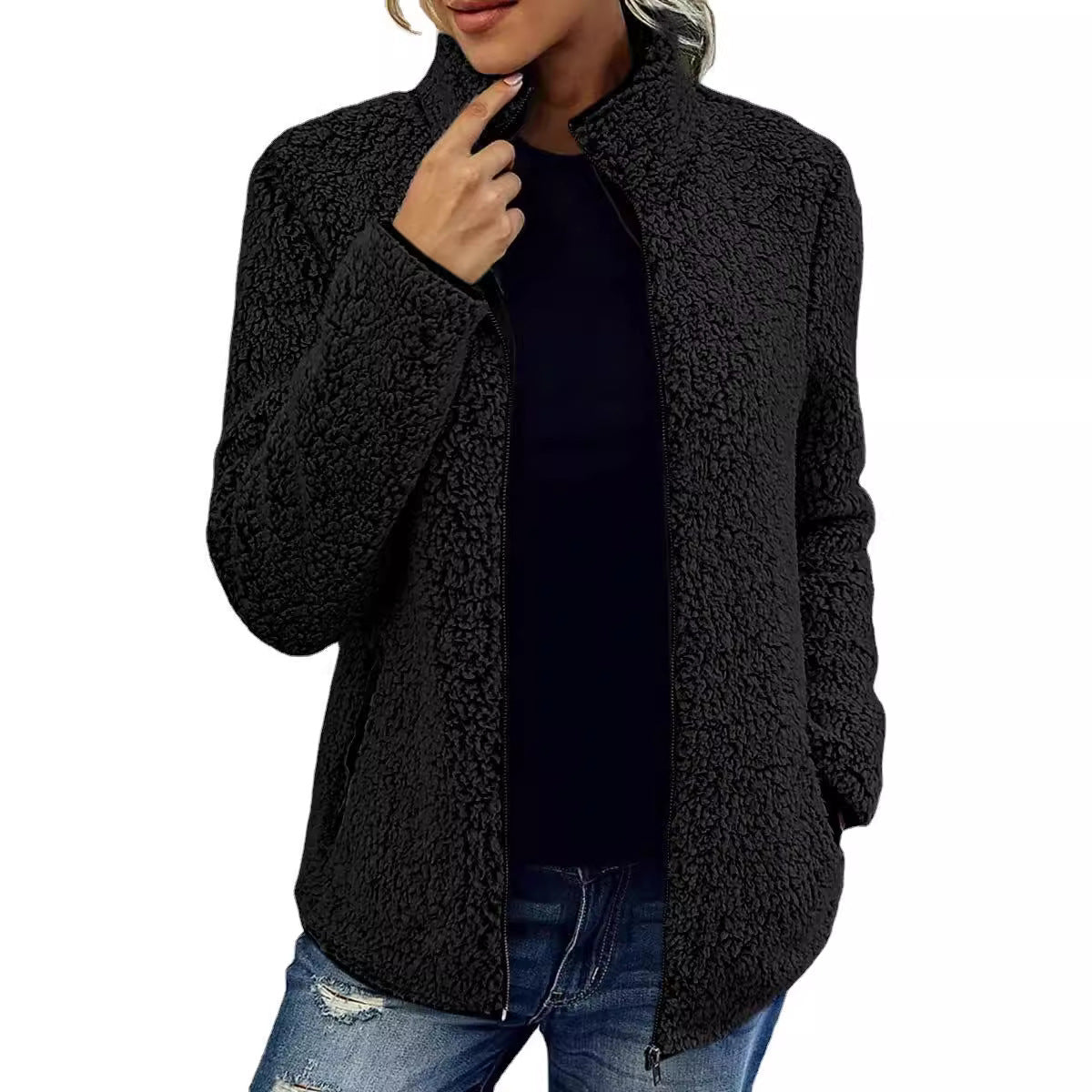 Stand up collar solid color top hoodie women's casual fashion long sleeved zipper jacket