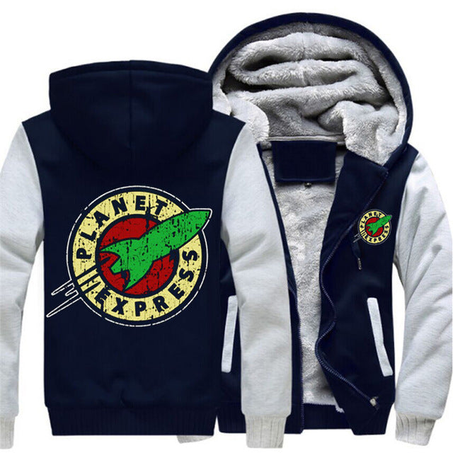 Planet Express Thick Hoodie W/ Zipper - Coat, Winter Fleece, Warm Hooded Jackets